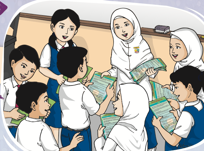 Seorang murid perempuan memberikan risalah kepada rakan-rakan