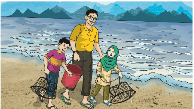 Datuk, Nasri dan Nabila berjalan di pantai membawa baldi dan bubu ketam