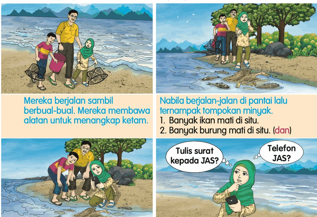 Nabila, Nasri dan datuk di pantai; Nabila ternampak tompokan minyak