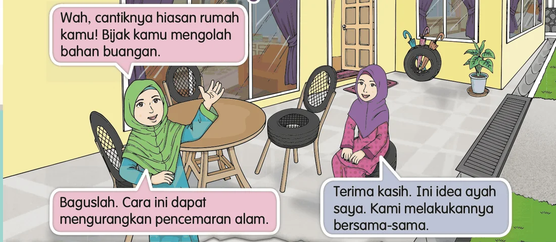 Nabila memuji hiasan rumah Fatin yang dibuat daripada bahan buangan