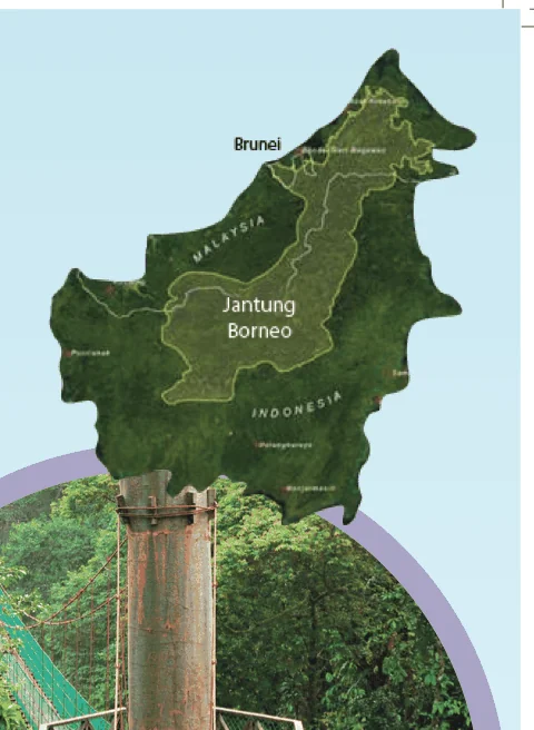 Peta Pulau Borneo dengan kawasan Jantung Borneo