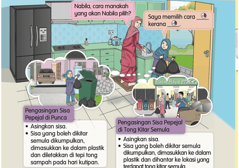 Nabila dan ibu di dapur mengasingkan sampah; dua cara pengasingan sisa pepejal