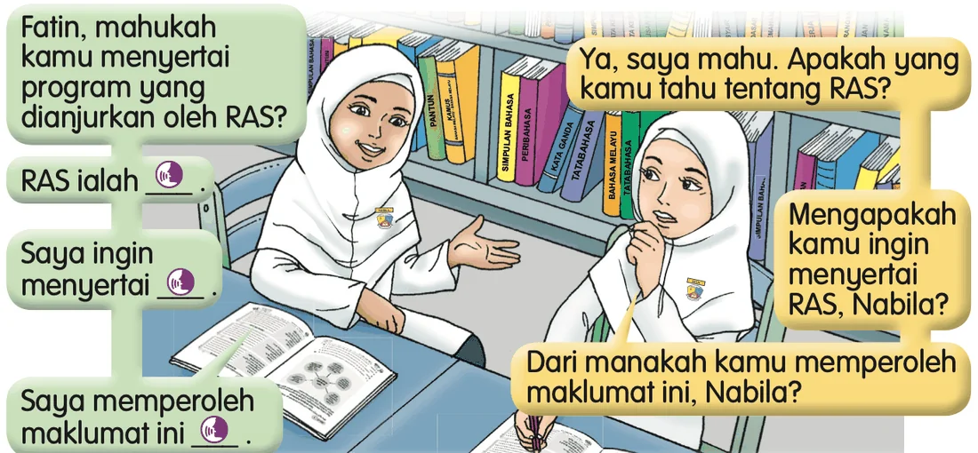 Nabila dan Fatin bersoal jawab tentang RAS di perpustakaan