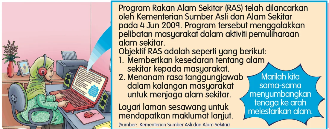 Nabila membaca maklumat Program Rakan Alam Sekitar di komputer