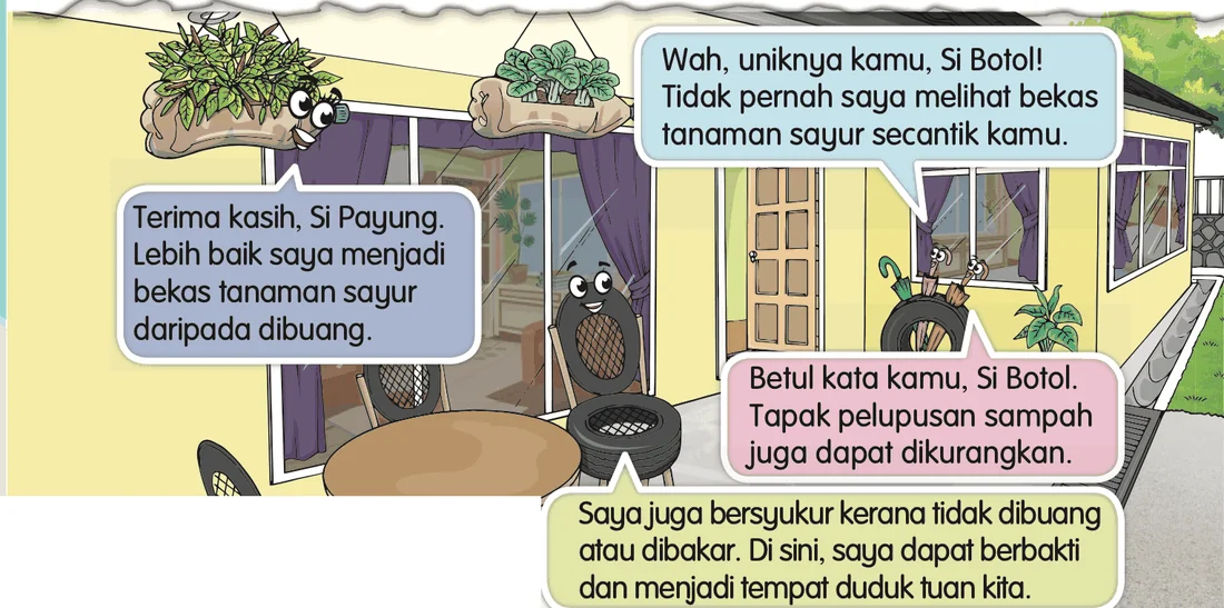 Si Botol, Si Payung dan tayar berbual