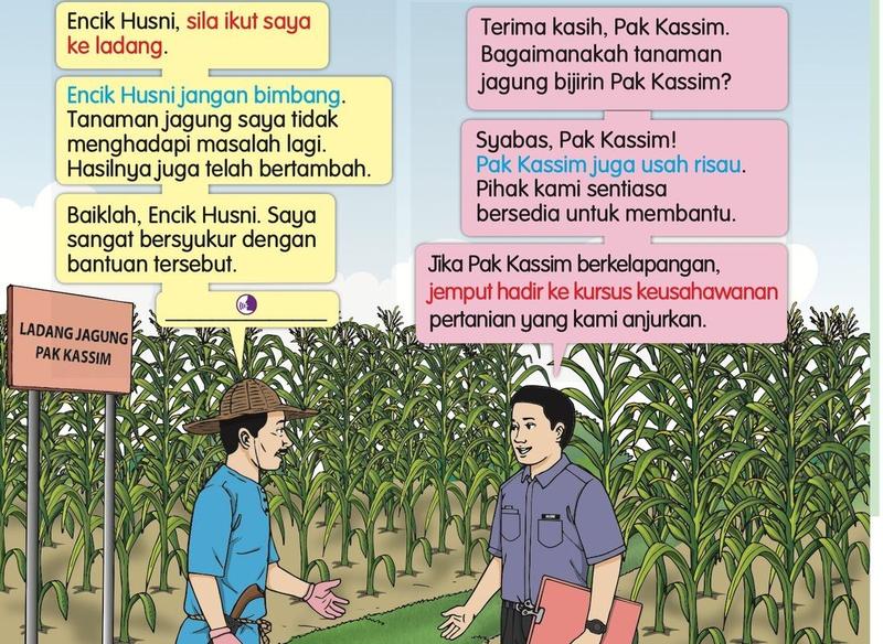 Pak Kassim dan Encik Husni bercakap di ladang jagung