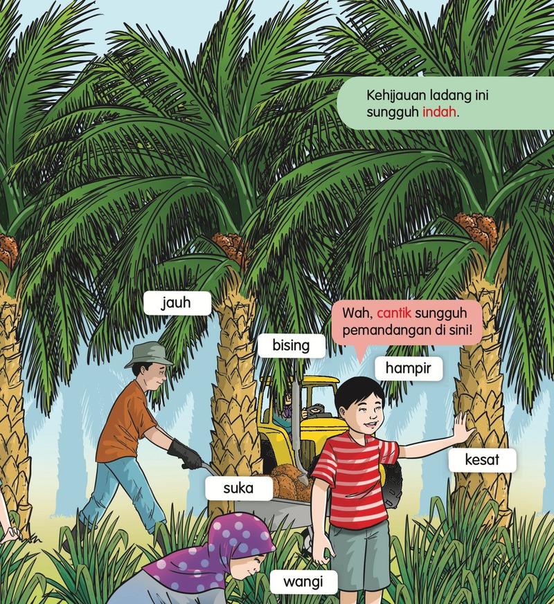 Ladang kelapa sawit dengan kad perkataan jauh, bising, hampir, kesat, suka dan wangi