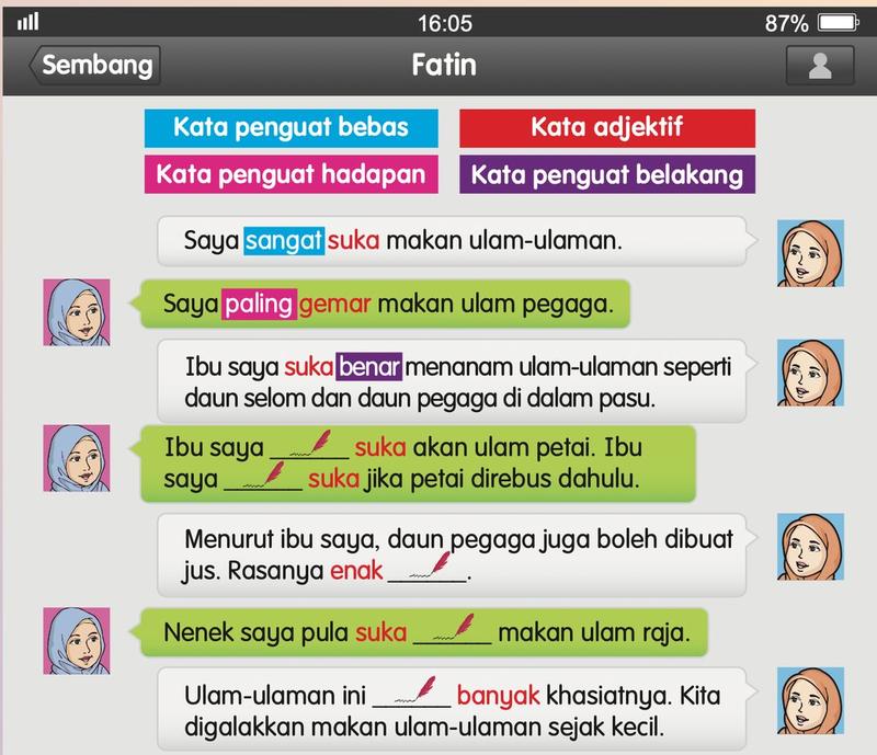 Sembang telefon tentang ulam-ulaman dengan kata penguat berwarna