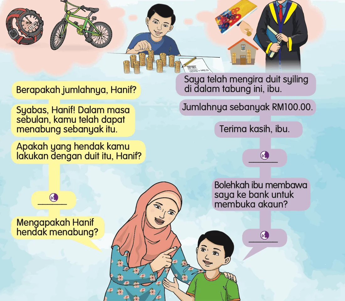 Hanif mengira duit syiling dan berbual dengan ibunya