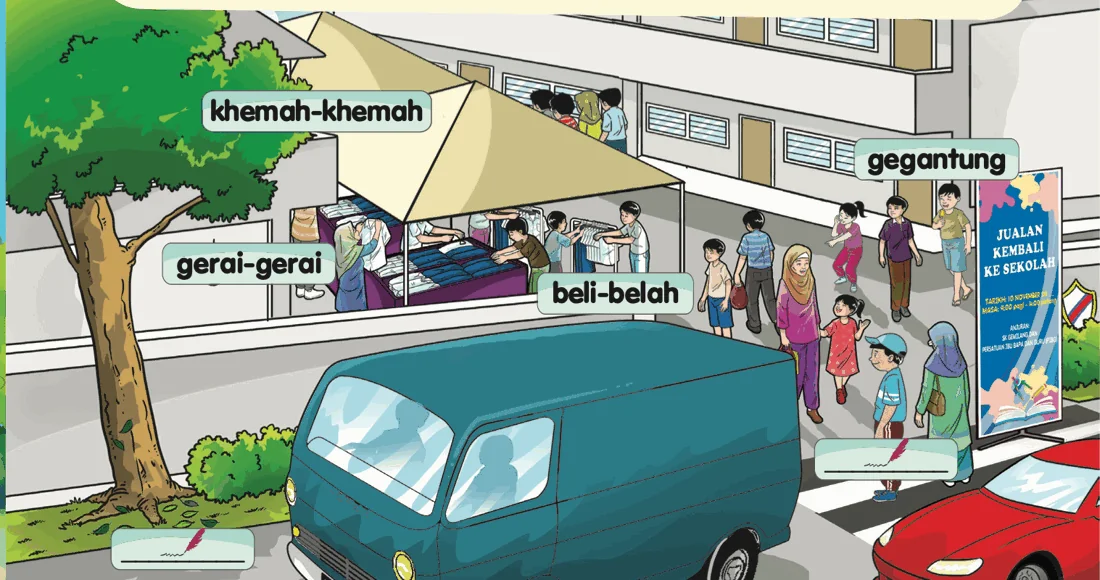 Tapak jualan PIBG dengan label khemah-khemah, gerai-gerai, beli-belah dan gegantung