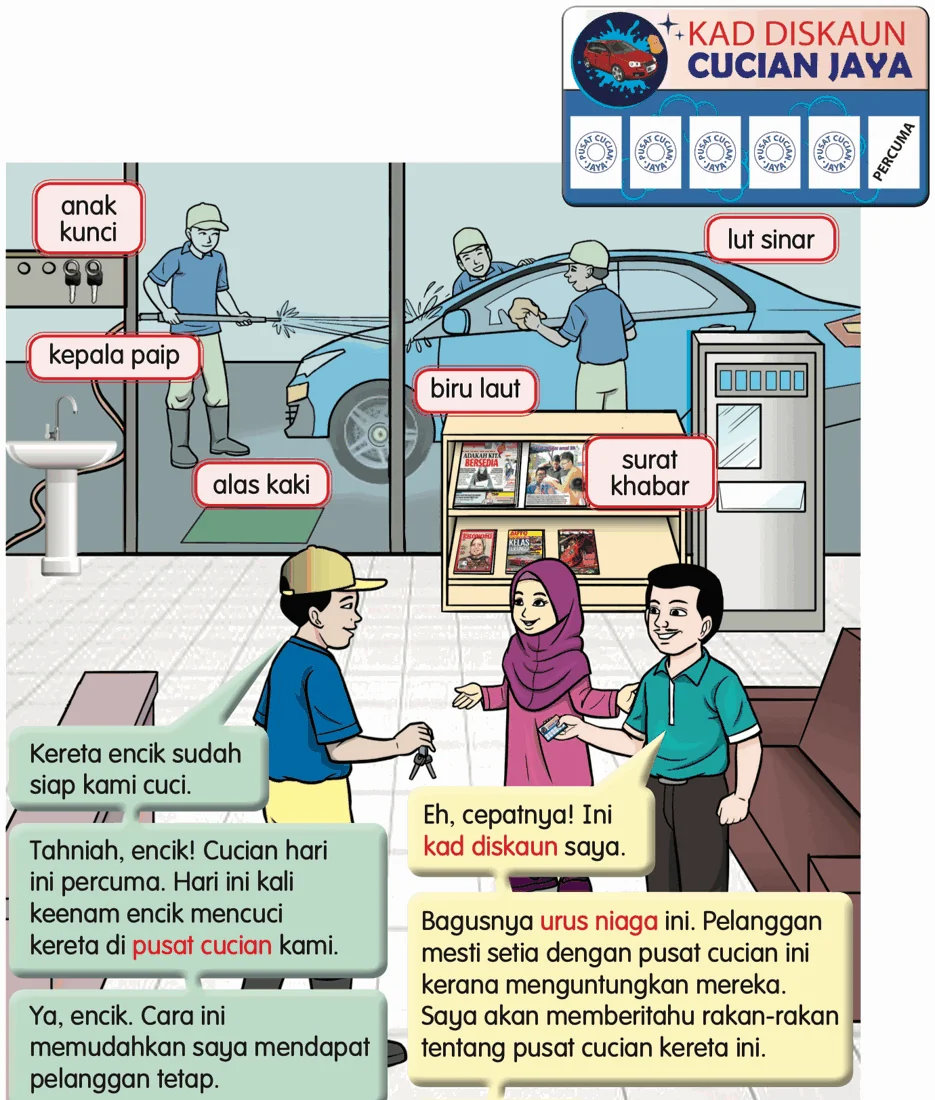 Pusat cucian kereta dengan label anak kunci, kepala paip, alas kaki, surat khabar dan kad diskaun