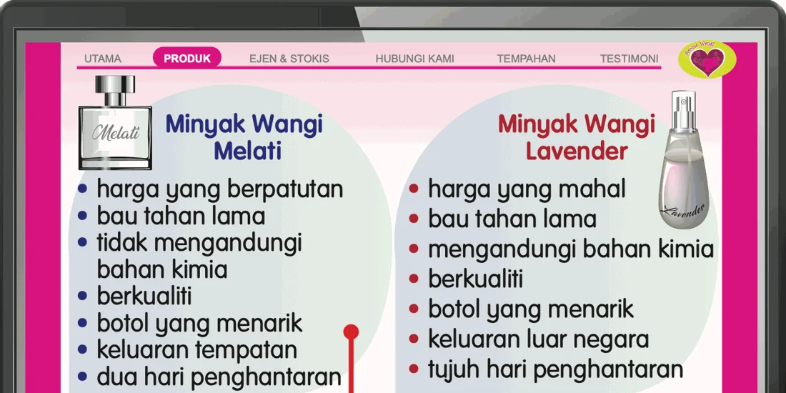 Laman web yang membandingkan minyak wangi Melati dan Lavender