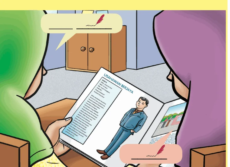 Dua orang murid membaca majalah tentang usahawan