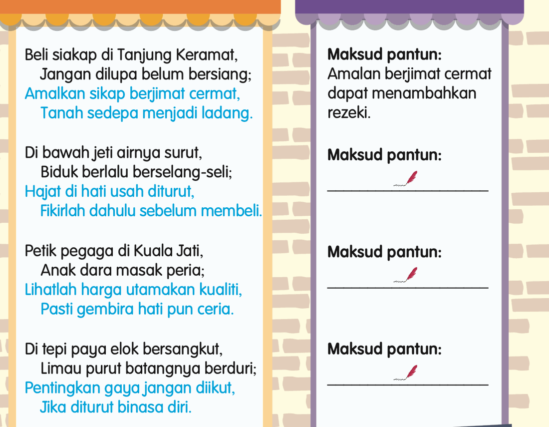 Empat rangkap pantun sikap berjimat dengan ruang maksud pantun