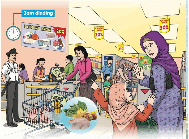 Pelanggan di pasar raya dengan jam dinding dan troli
