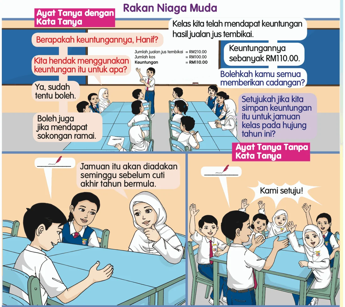 Murid-murid berbincang tentang keuntungan jualan jus tembikai