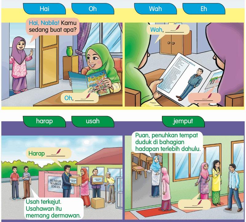Empat situasi menggunakan kata seru Hai, Oh, Wah, Eh dan kata perintah harap, usah, jemput