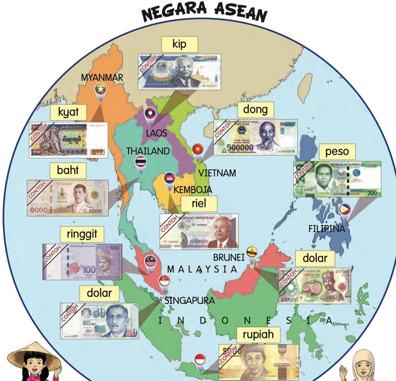 Peta negara ASEAN dengan wang kertas dan nama mata wang: kip, kyat, dong, peso, baht, riel, ringgit, dolar (Brunei), dolar (Singapura), rupiah