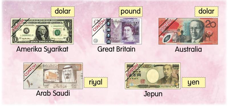 Wang kertas dolar Amerika Syarikat, pound Great Britain, dolar Australia, riyal Arab Saudi dan yen Jepun