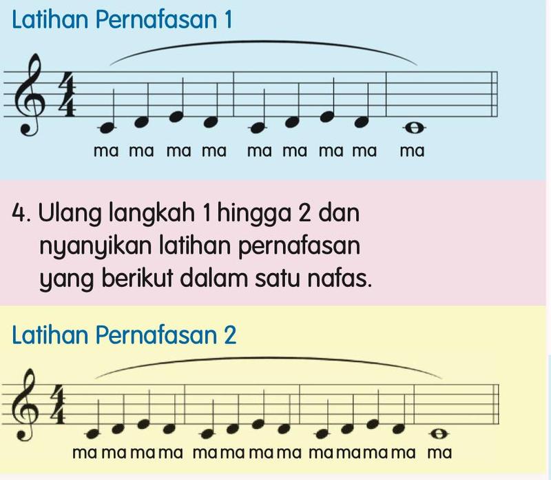 Latihan Pernafasan 1 dan 2 dalam meter 4/4 dengan suku kata ma, dan satu garis lengkung di atas setiap latihan