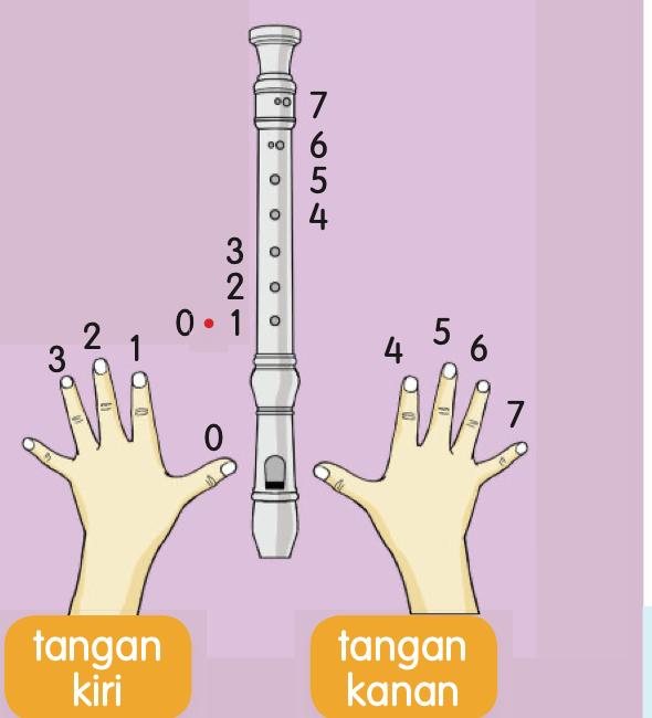 Rekoder dengan tangan kiri bernombor 0, 1, 2, 3 dan tangan kanan bernombor 4, 5, 6, 7