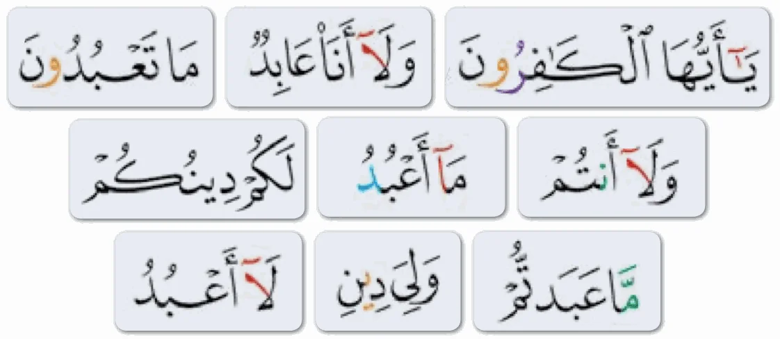 Sembilan kad potongan ayat surah al-Kafirun