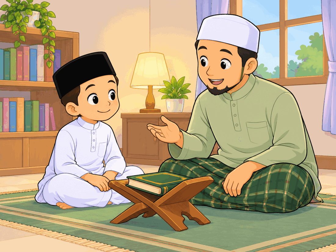 Seorang murid membaca al-Quran di hadapan ustaz