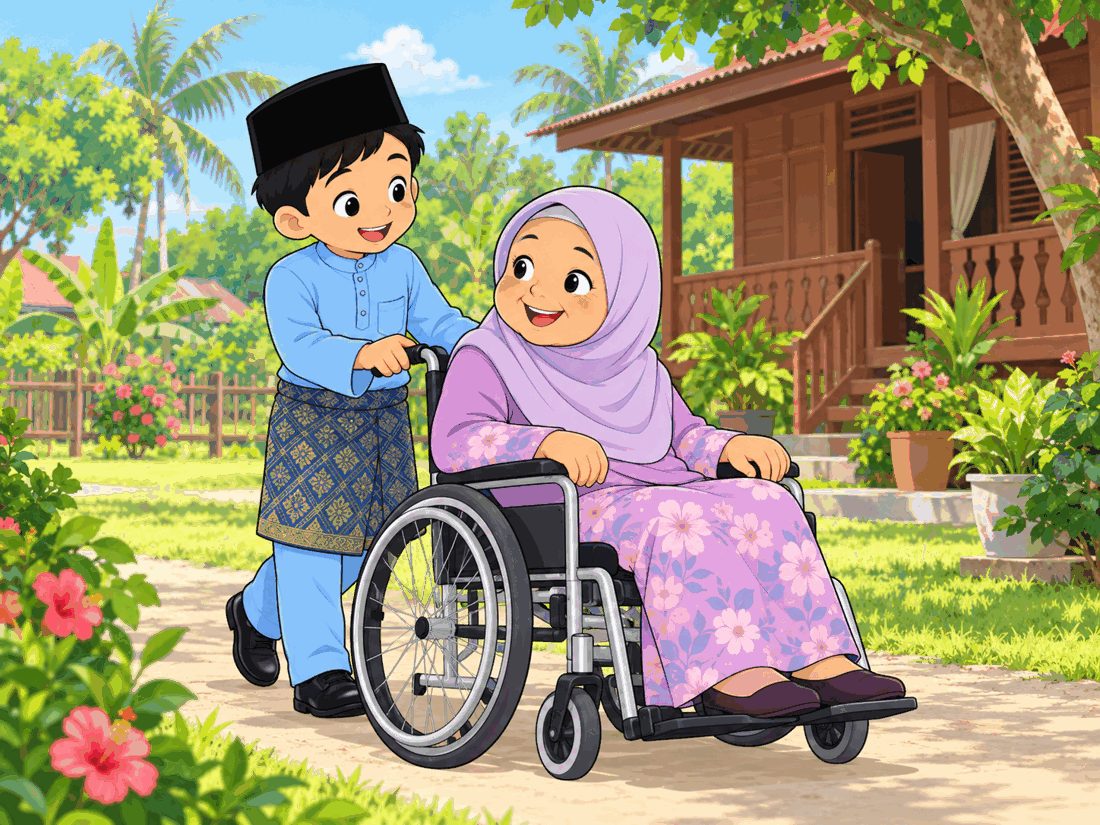 Seorang budak menolak kerusi roda neneknya