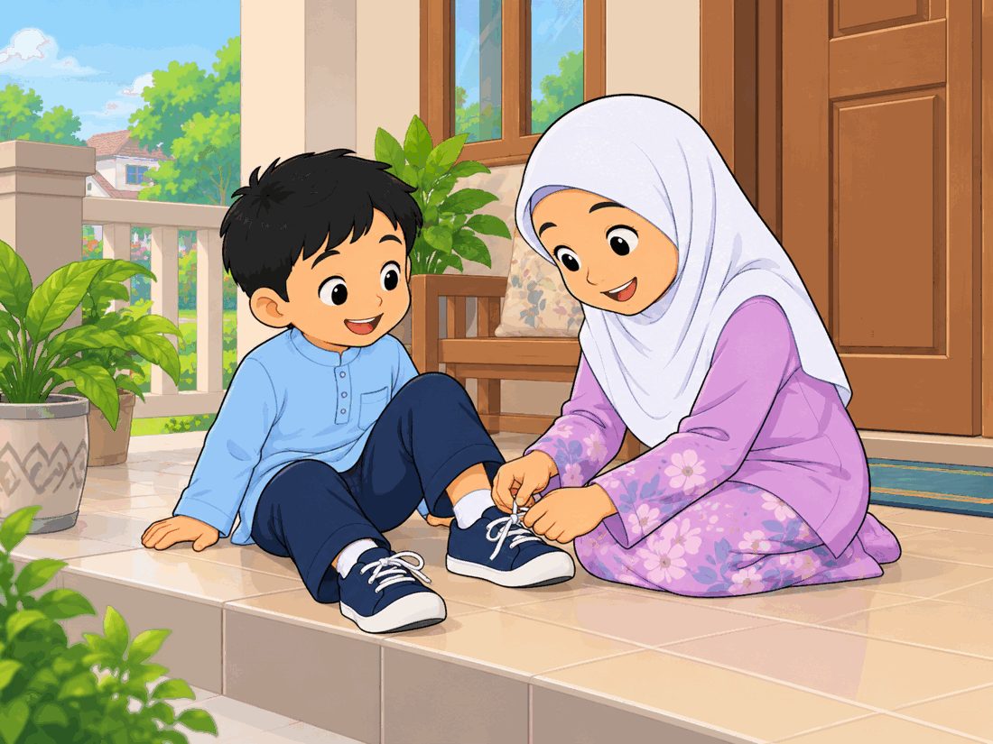 Seorang kakak membantu adiknya mengikat tali kasut