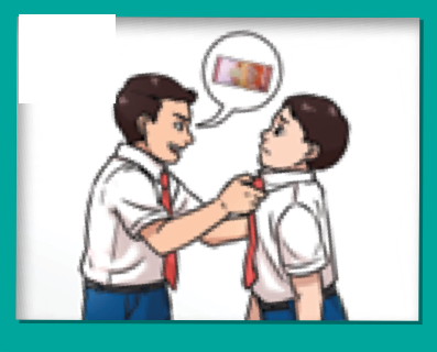 Murid besar memegang tali leher murid kecil dan meminta wang