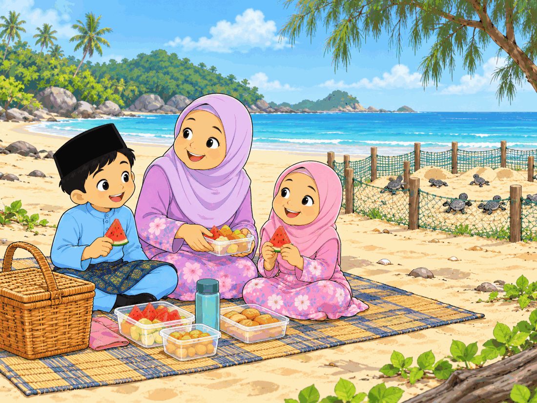 Sebuah keluarga berkelah di pantai berhampiran kawasan penetasan penyu