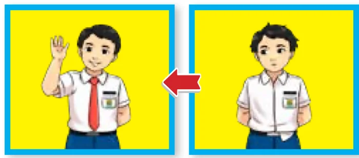 Seorang murid berdiri diam, kemudian mengangkat tangan