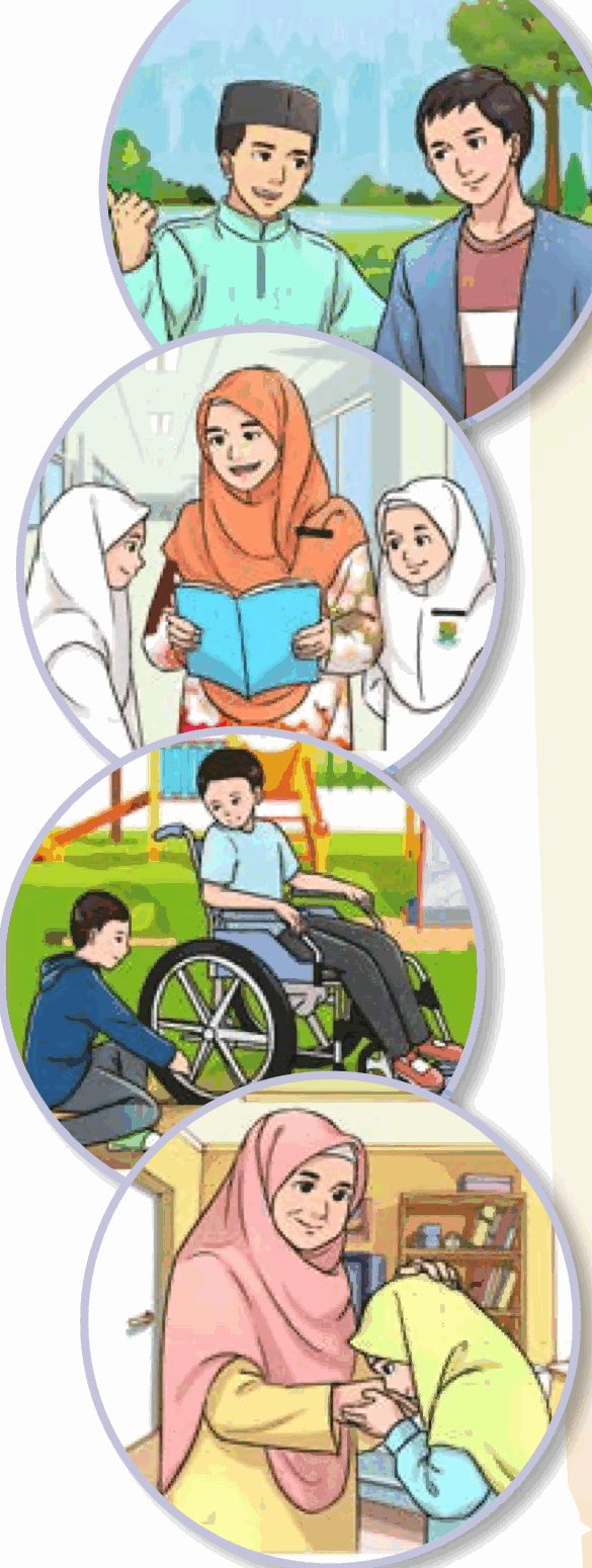 Empat gambar: dua lelaki berbual, guru membaca buku bersama murid, budak membantu rakan berkerusi roda, anak mencium tangan ibu