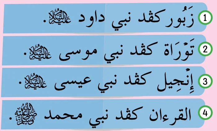 Senarai empat kitab: Zabur kepada Nabi Daud, Taurat kepada Nabi Musa, Injil kepada Nabi Isa, al-Quran kepada Nabi Muhammad