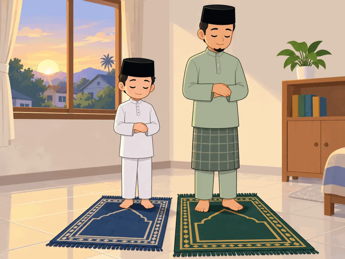Seorang budak bersama ayahnya bersiap untuk solat subuh