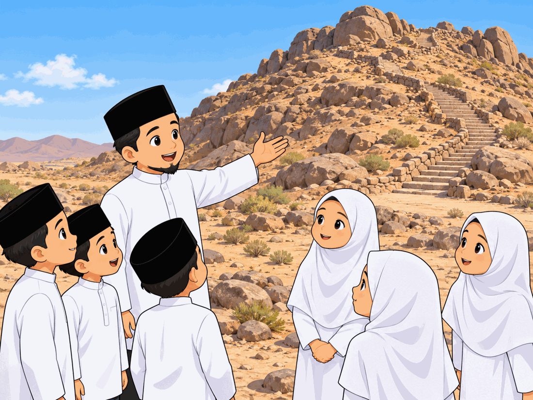 Ustaz membawa murid-murid ke kaki sebuah bukit berbatu