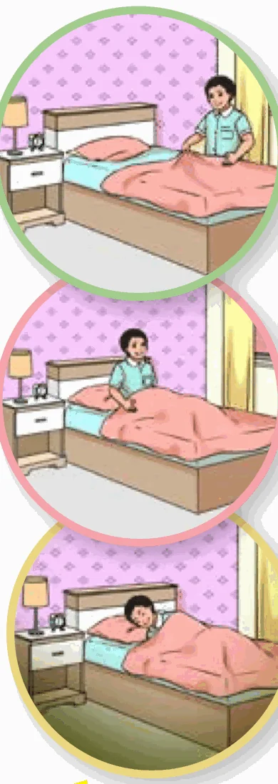 Budak lelaki mengibas tempat tidur, masuk ke katil dan tidur mengiring di sebelah kanan