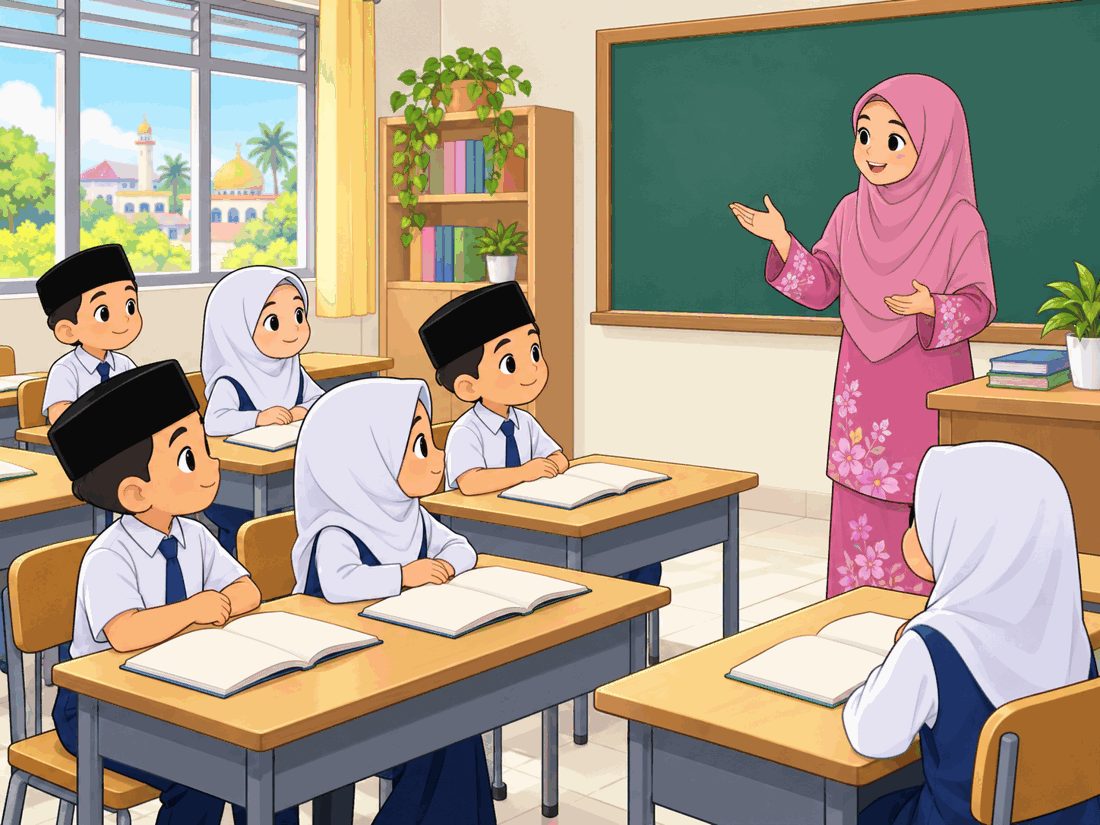 Murid-murid mendengar ustazah dengan sopan di dalam kelas