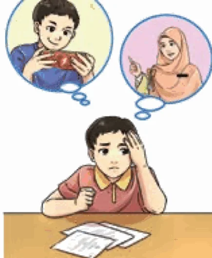 Syamim termenung di meja dengan kertas peperiksaan, teringat bermain telefon dan nasihat guru