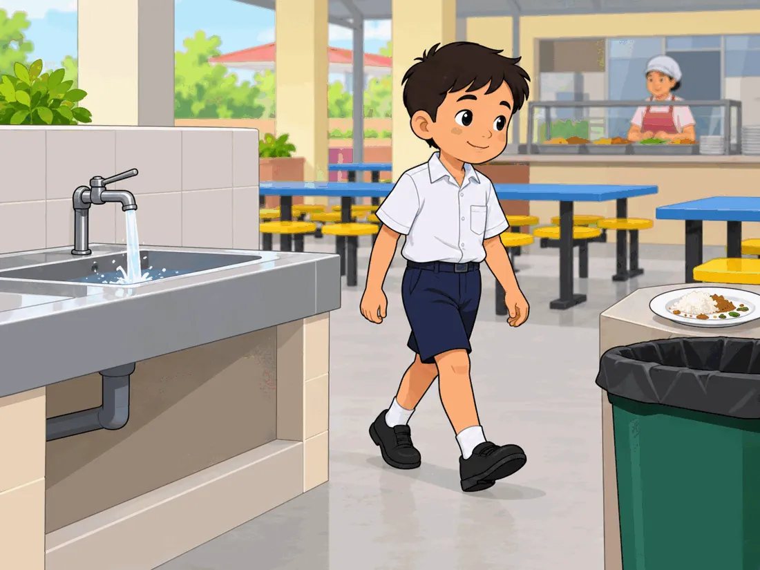 Seorang murid meninggalkan paip air terbuka dan nasi yang tidak habis
