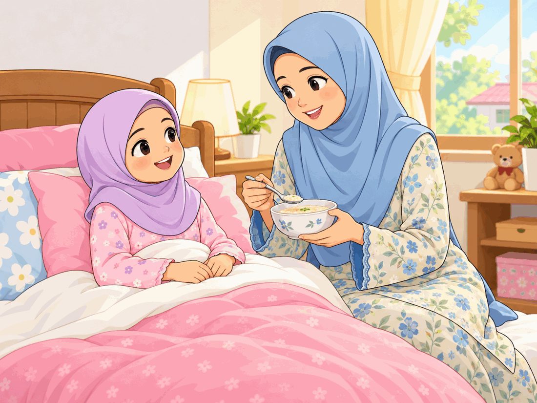 Seorang ibu menjaga anaknya yang baru sembuh daripada demam