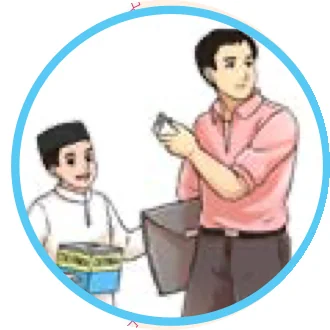 Seorang budak memegang tabung derma di hadapan seorang lelaki