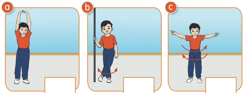 Gambar a murid mengangkat kedua-dua tangan ke atas; gambar b dan c ada anak panah pergerakan