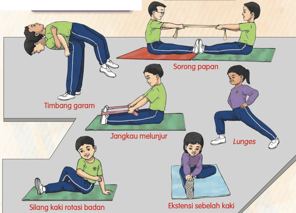 Contoh regangan statik: timbang garam, sorong papan, jangkau melunjur, lunges, silang kaki rotasi badan, ekstensi sebelah kaki