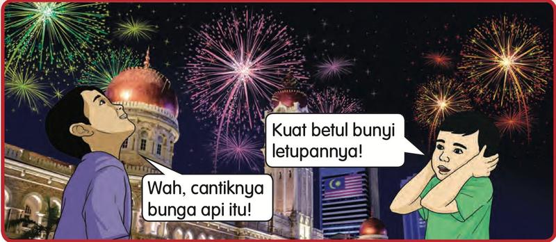 Seorang lelaki dan seorang budak menonton bunga api; budak itu menutup telinganya