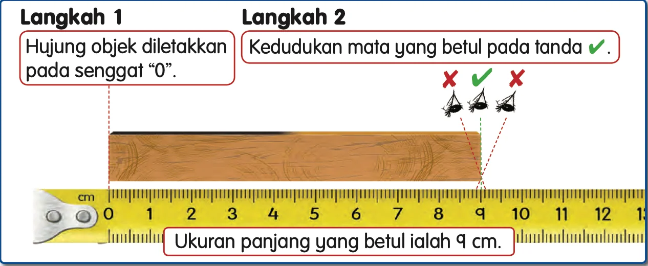 Sebatang kayu dari 0 hingga 9 cm pada pembaris; kedudukan mata yang betul ialah tegak di atas hujung kayu