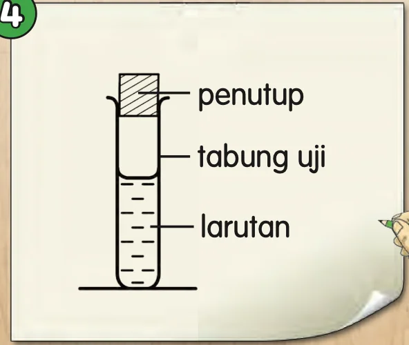 Lakaran tabung uji berlabel dengan penutup, tabung uji dan larutan