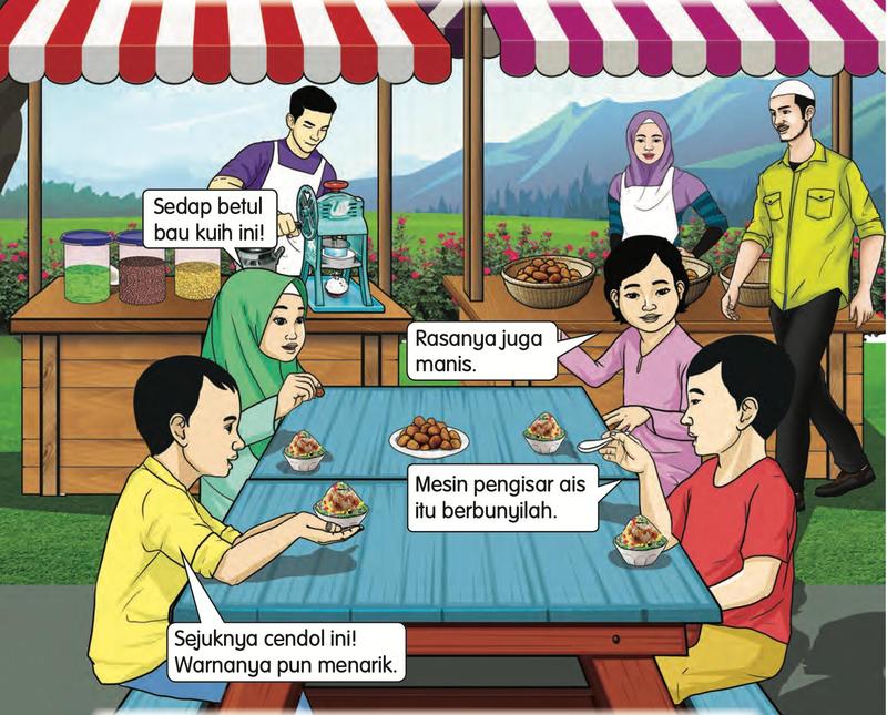 Empat orang murid minum petang di warung Pak Mat dan bercakap tentang bau, rasa, bunyi dan kesejukan makanan