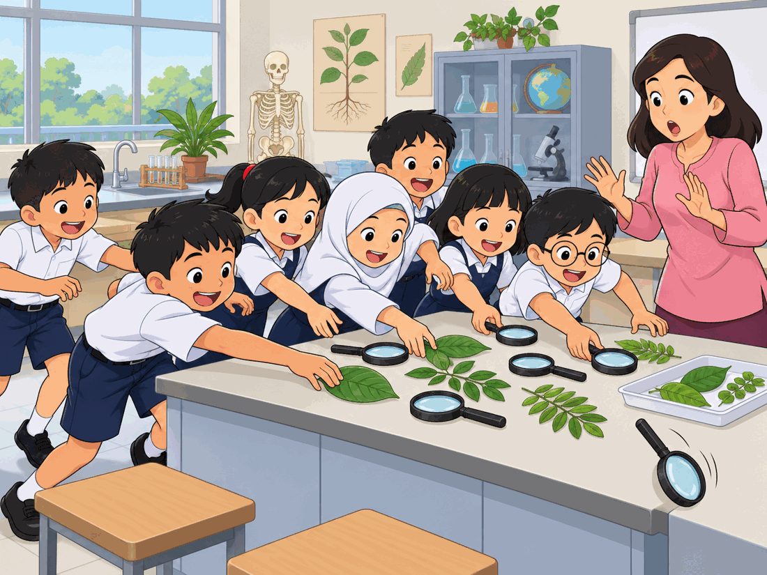 Murid berebut dan bertolak-tolakan mengambil kanta tangan dari meja guru; satu kanta tangan jatuh