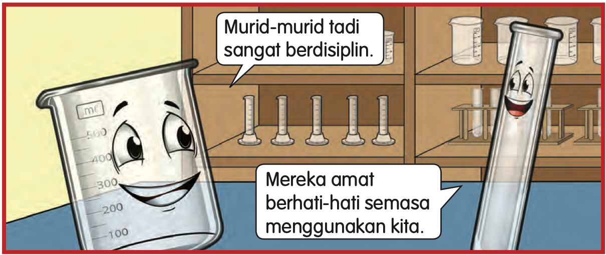 Si Bikar dan Si Tabung Uji tersenyum di dalam bilik sains